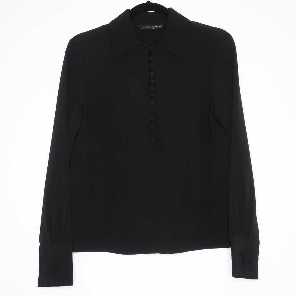 Zara Woman Blouse Size‎ Medium Black Half Button Down V-neck Collar Gothcore